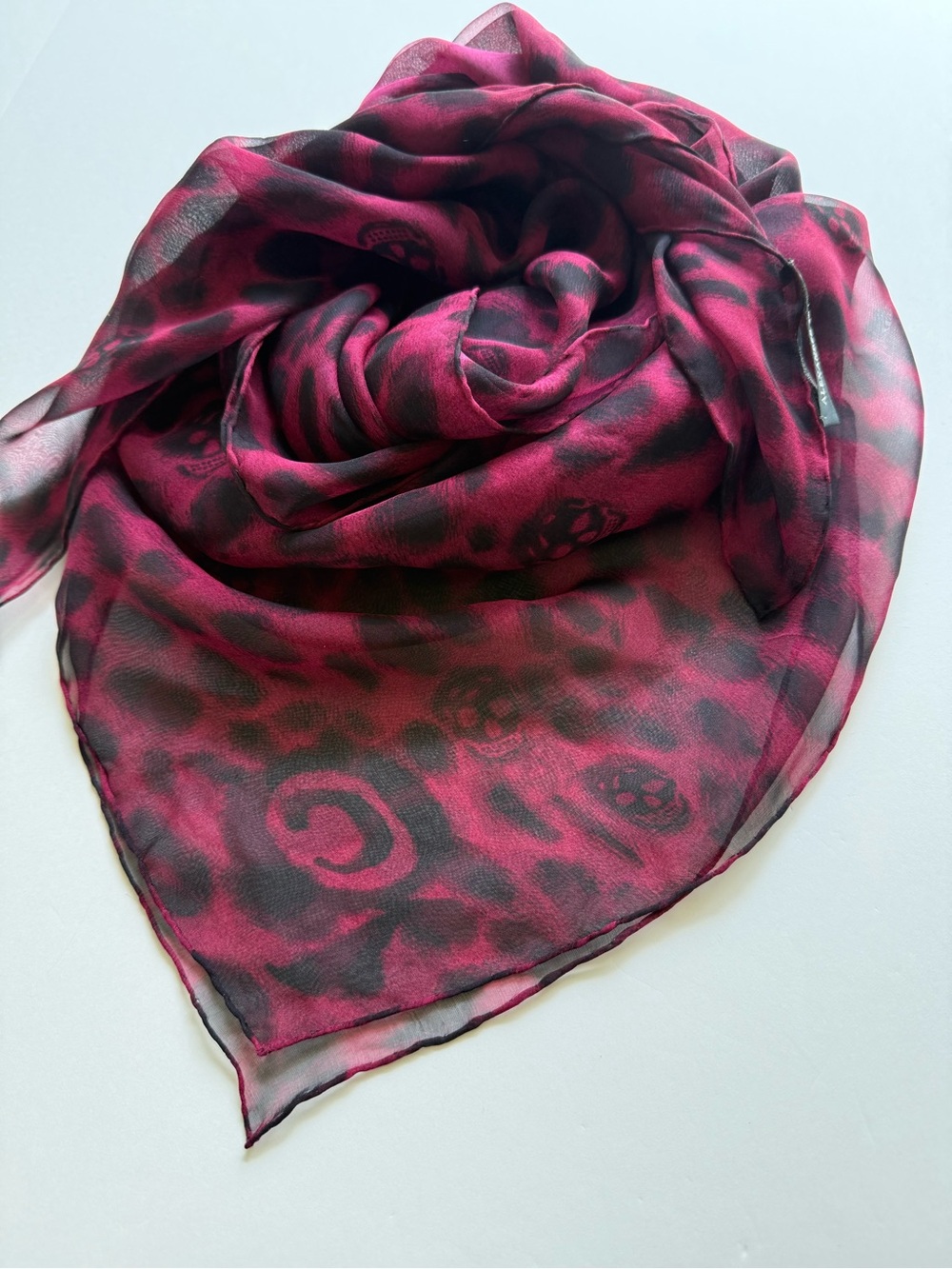 Alexander McQueen Burgundy and Black Leopard Skull Silk Scarf